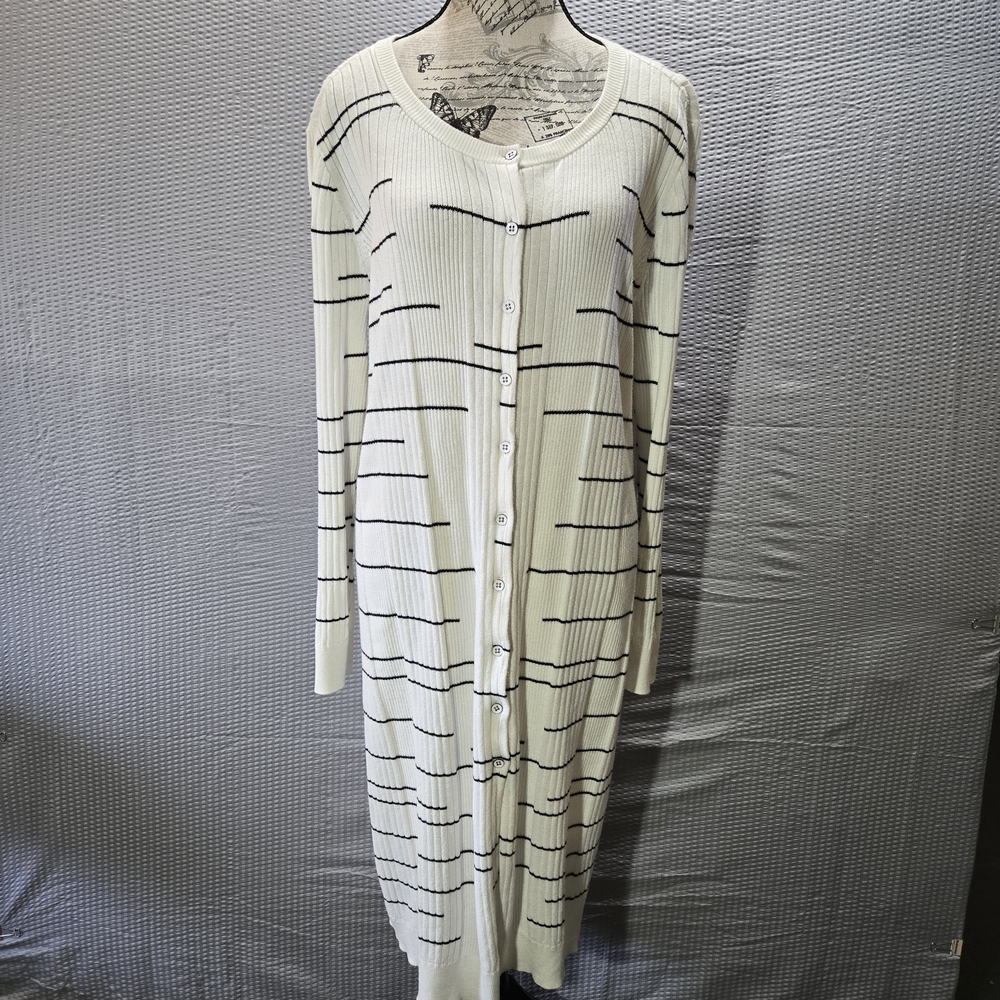 CAbi White & Black Cotton Long Sleeve Duster Cardigan